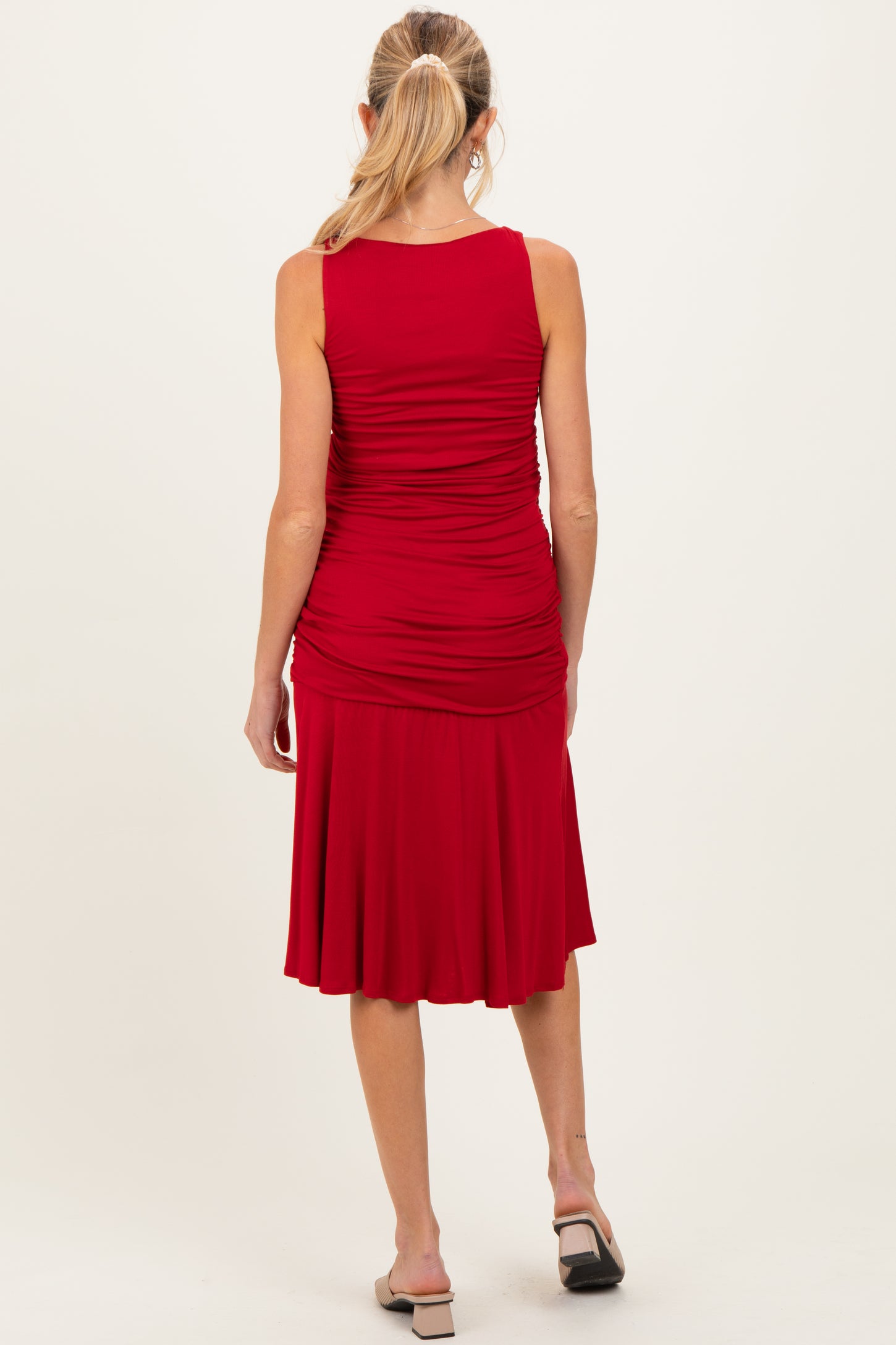 Red Ruched Sleeveless Drop Waist Maternity Midi Dress Red Ruched Sleeveless Drop Waist Maternity Midi Dress