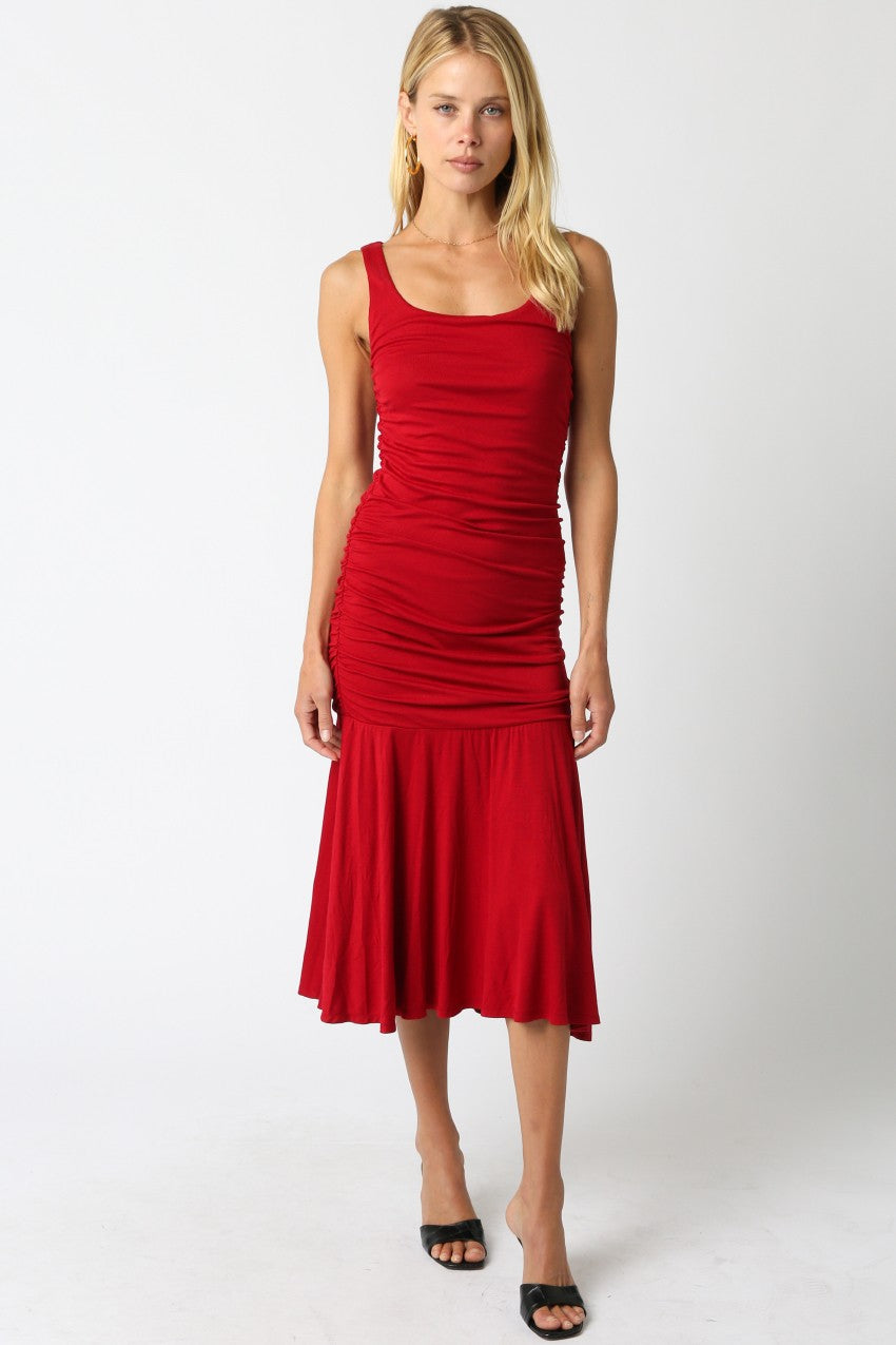Red Ruched Sleeveless Drop Waist Maternity Midi Dress
