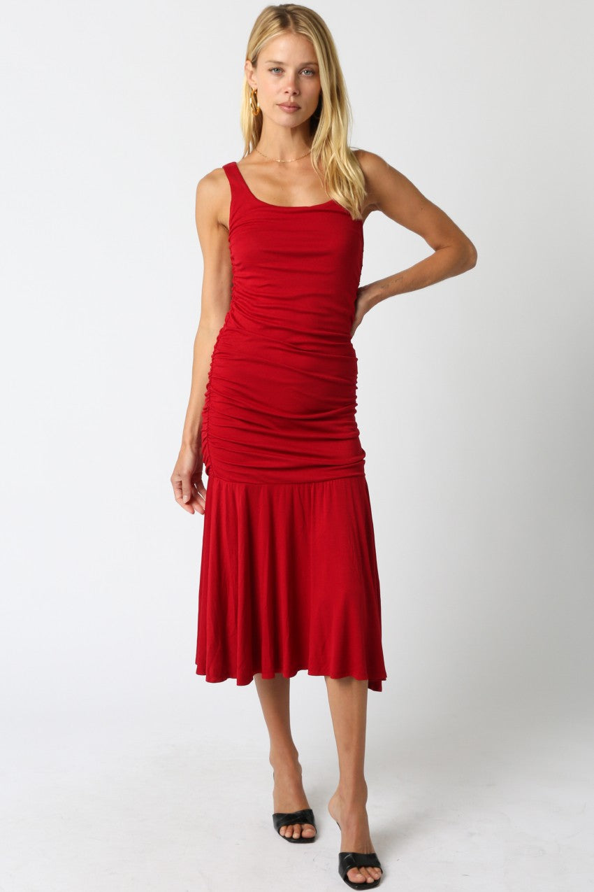 Red Ruched Sleeveless Drop Waist Midi Dress