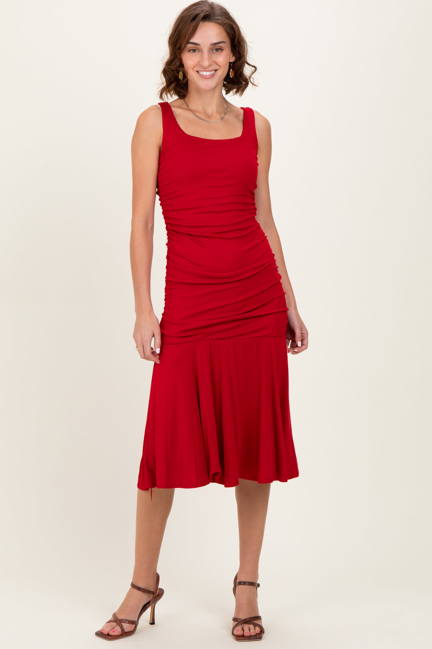 Red Ruched Sleeveless Drop Waist Midi Dress