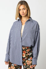 Navy Striped Linen Blend Maternity Button Down Shirt