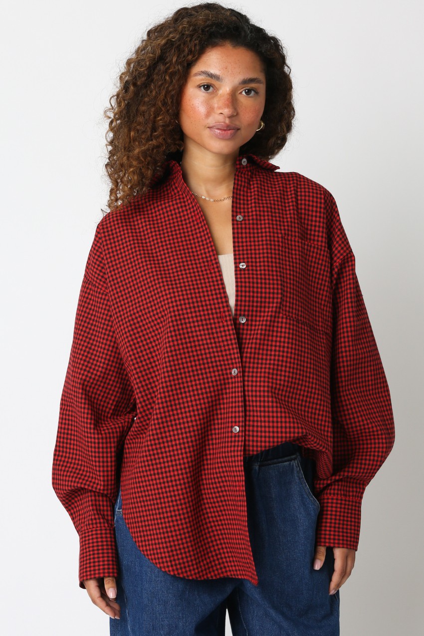 Red Plaid Linen Blend Maternity Button Down Shirt
