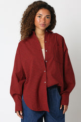 Red Plaid Linen Blend Button Down Shirt