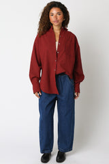 Red Plaid Linen Blend Button Down Shirt