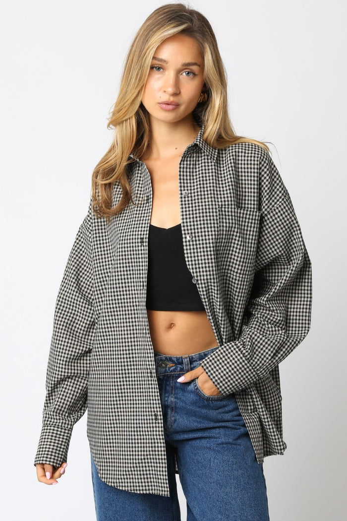 Ivory Plaid Linen Blend Maternity Button Down Shirt