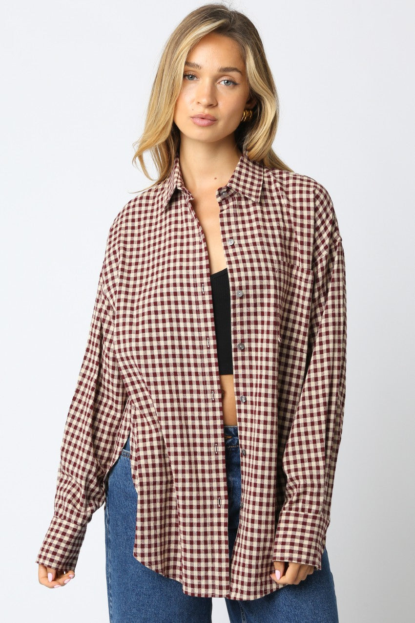Burgundy Gingham Maternity Button Down Shirt