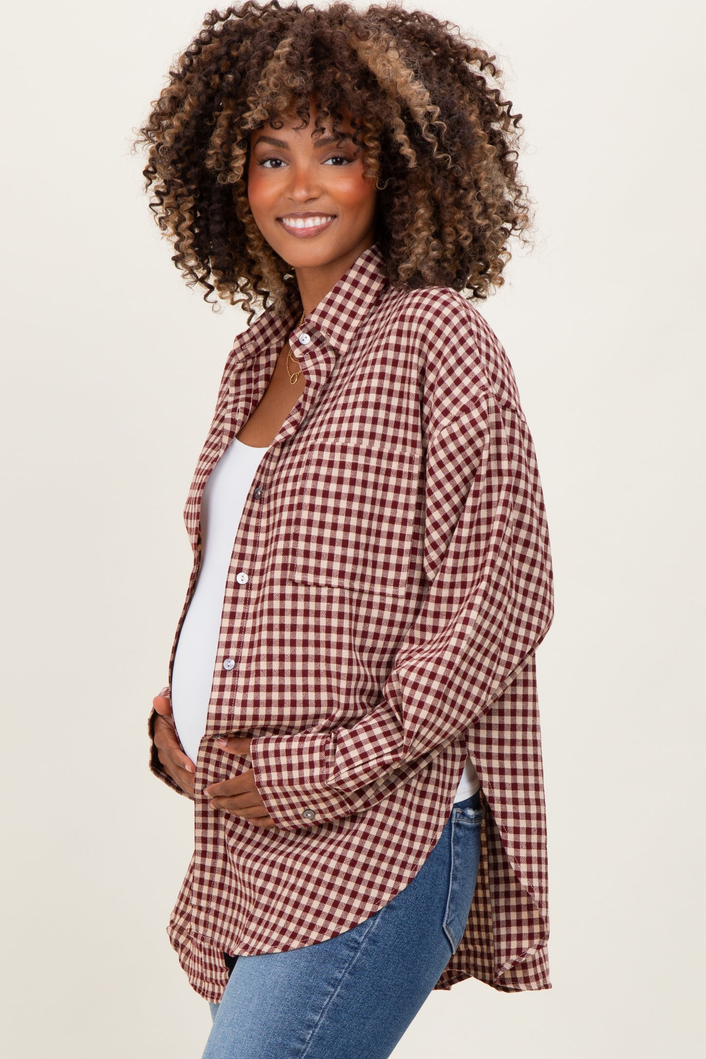 Burgundy Gingham Maternity Button Down Shirt