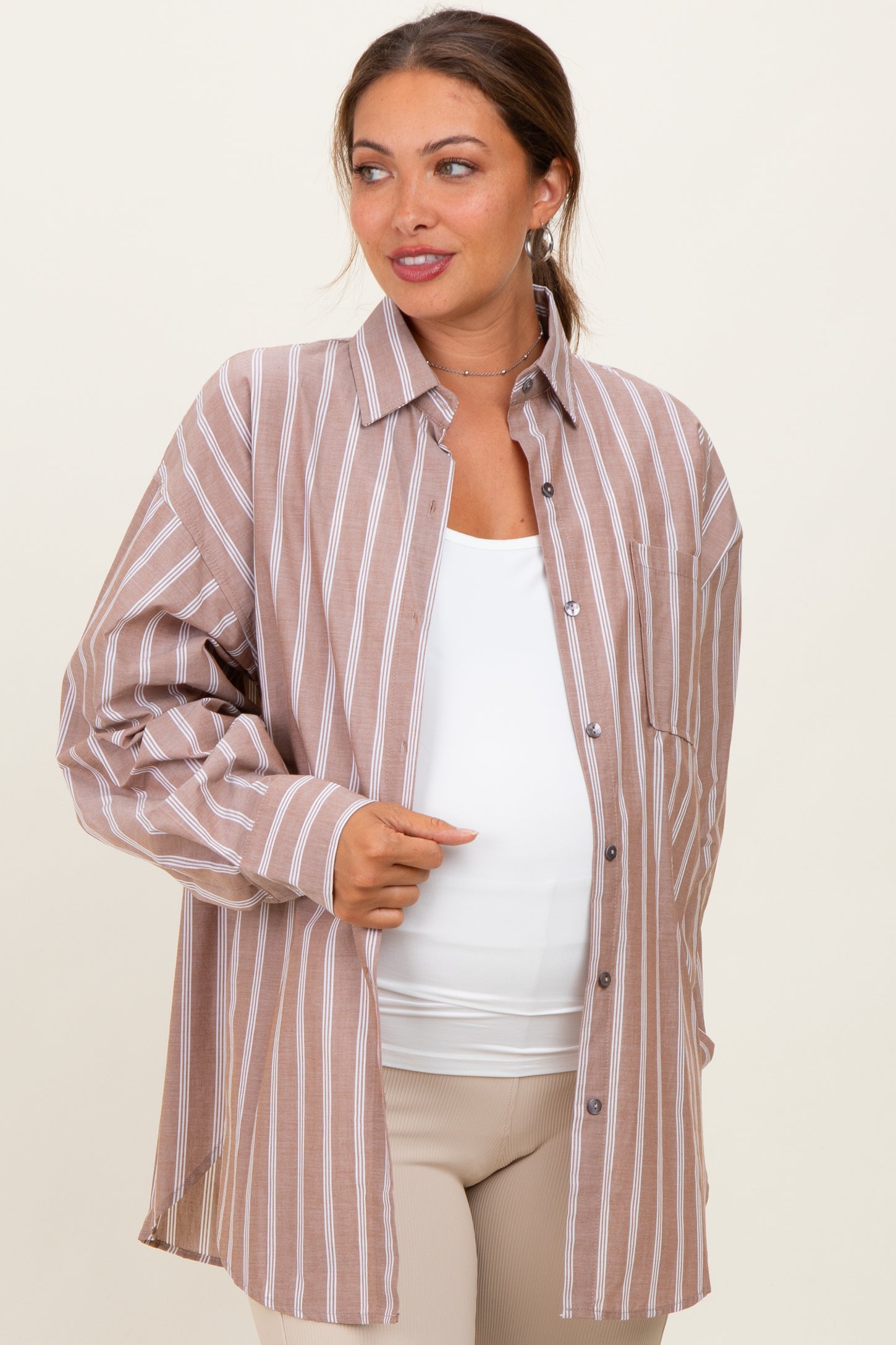 Mocha Striped Button Down Maternity Shirt