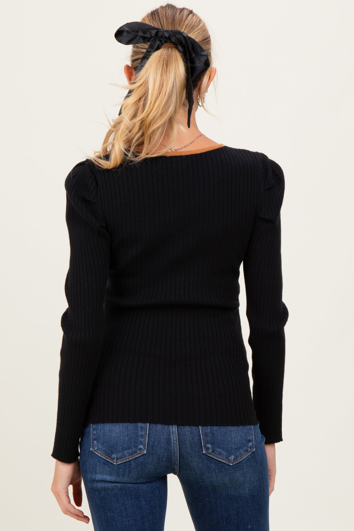 Black Ribbed Knit Cutout Tie Front Maternity Top