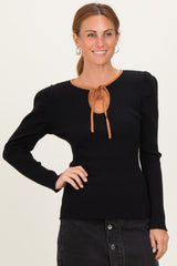 Black Ribbed Knit Cutout Tie Front Top