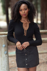 Black Ribbed Knit Cutout Tie Front Top