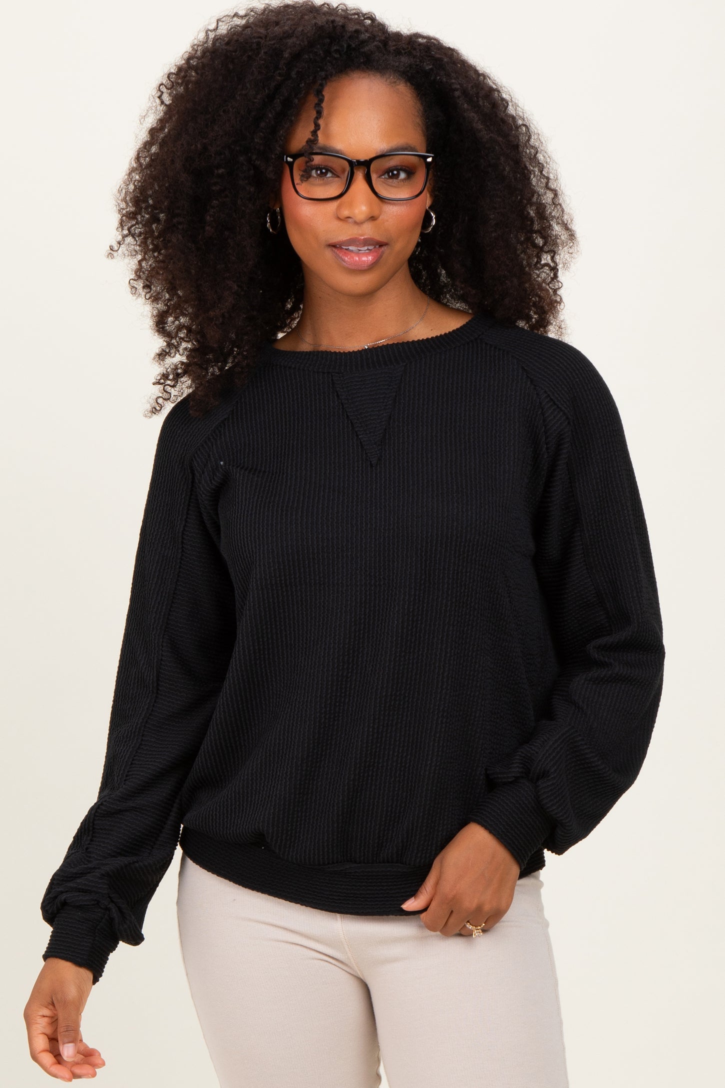 Black Textured Rib Knit Maternity Pullover