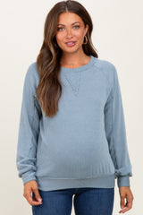 Blue Textured Rib Knit Maternity Pullover