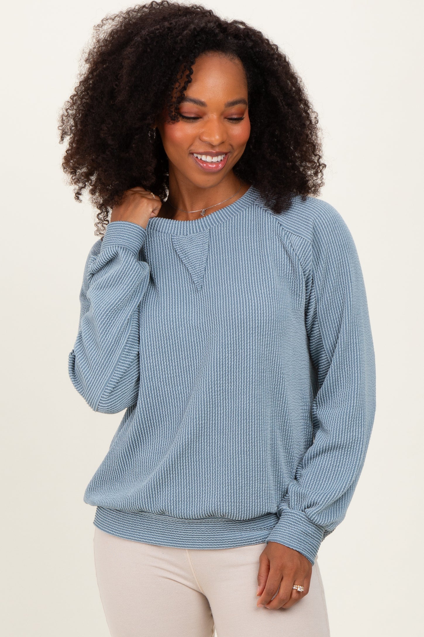 Blue Textured Rib Knit Pullover