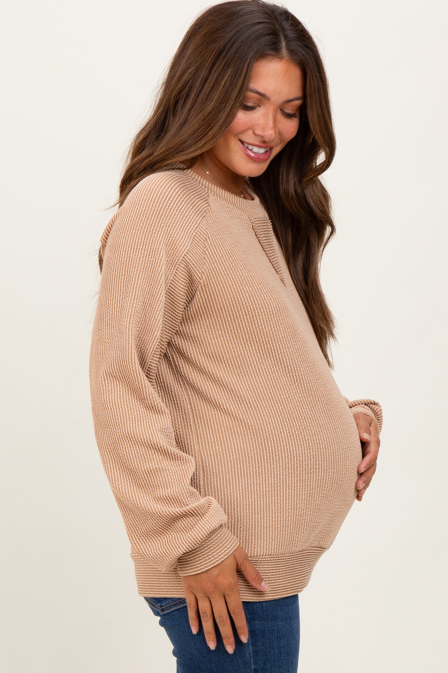 Camel Textured Rib Knit Maternity Pullover
