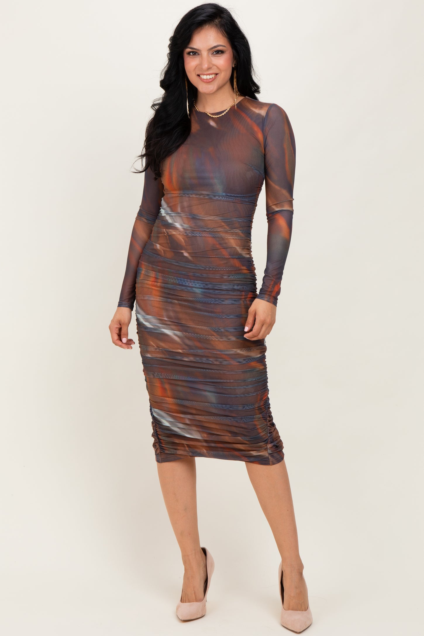 Multicolor Printed Mesh Ruched Long Sleeve Maternity Midi Dress