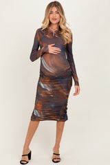 Multicolor Printed Mesh Ruched Long Sleeve Maternity Midi Dress