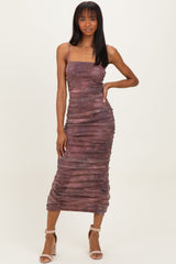 Mauve Printed Metallic Ruched Midi Dress