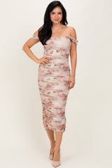 Cream Rose Floral Mesh Ruched Off Shoulder Midi Dress
