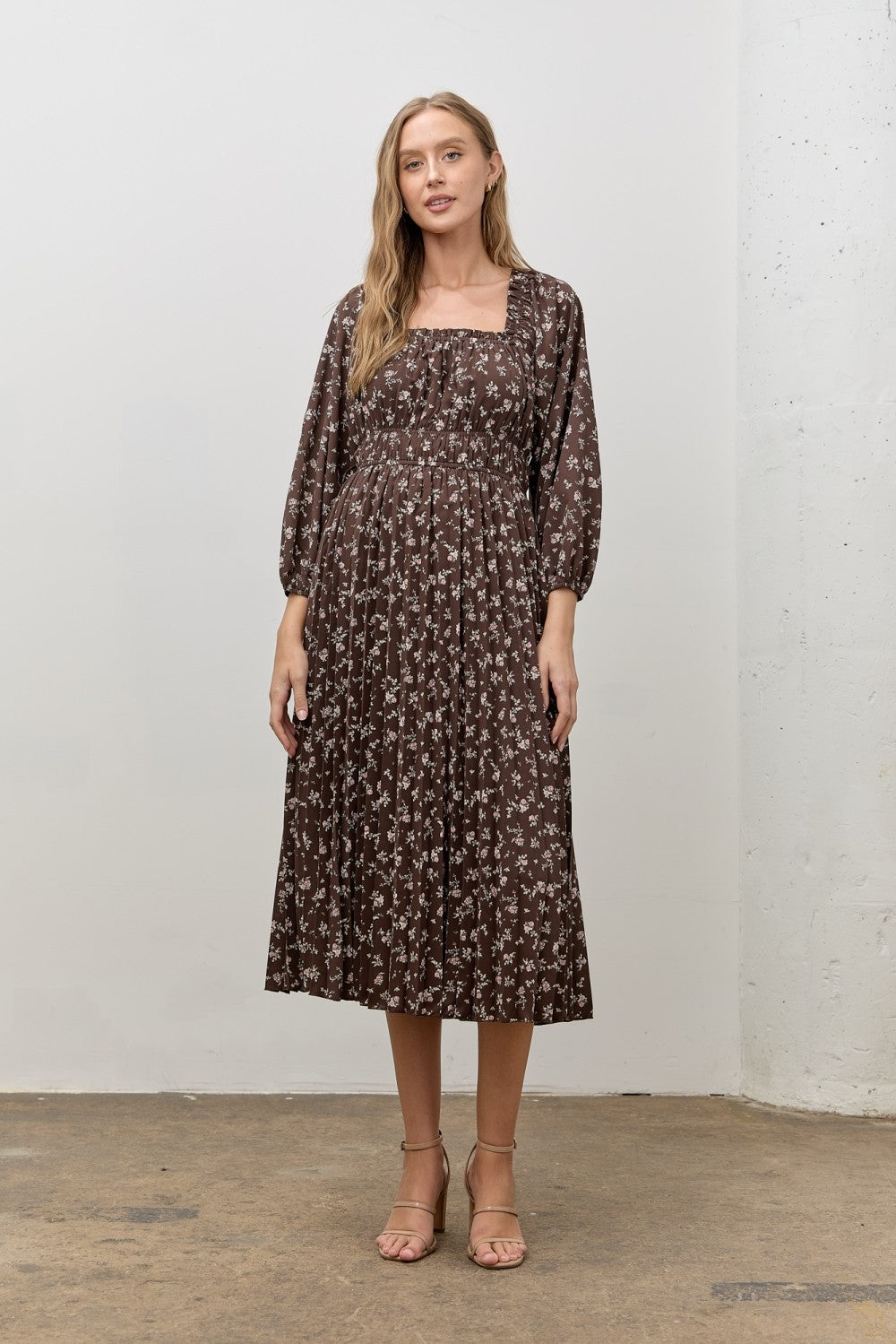 brown maternity midi dress Brown Shimmer Mesh Long Sleeve Ruched Maternity Midi Dress PinkBlush