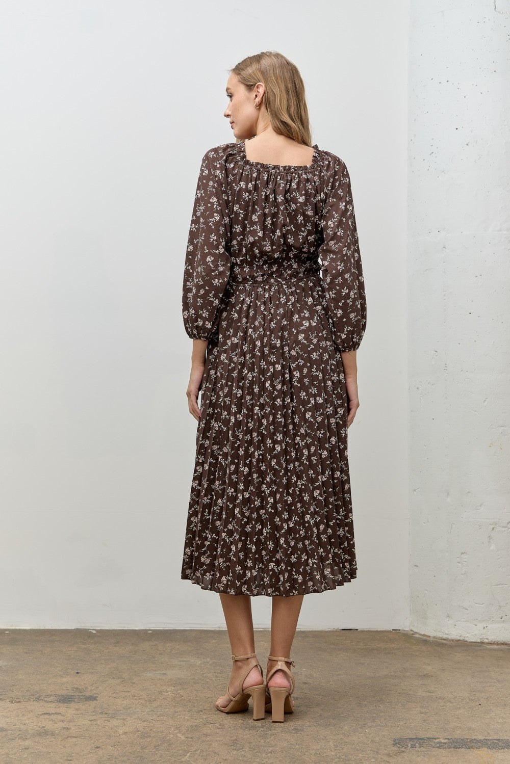 Brown Floral Long Sleeve Midi Dress PinkBlush Brown Floral Long Sleeve Midi Dress PinkBlush
