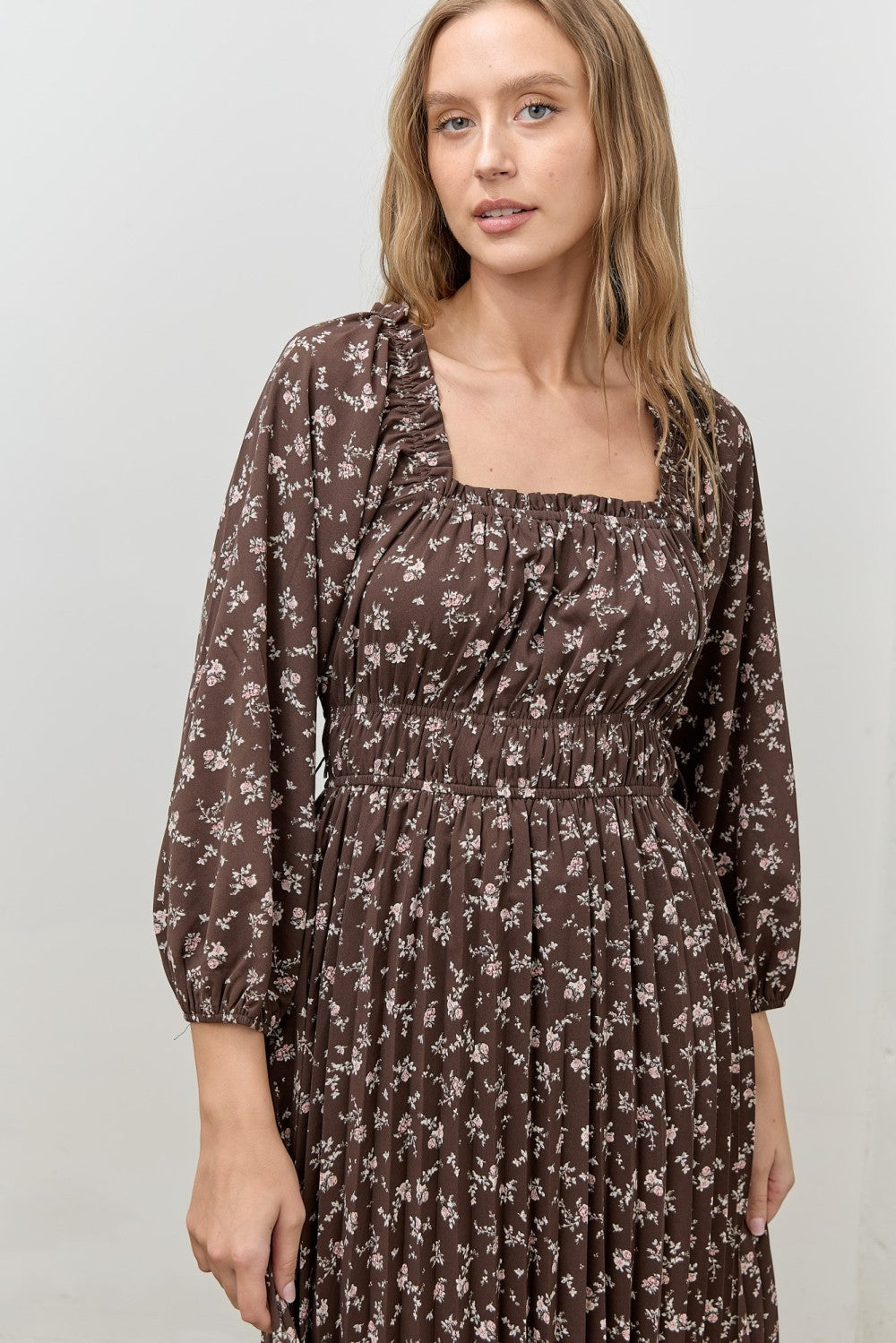 brown floral midi dress Brown Floral Long Sleeve Midi Dress
