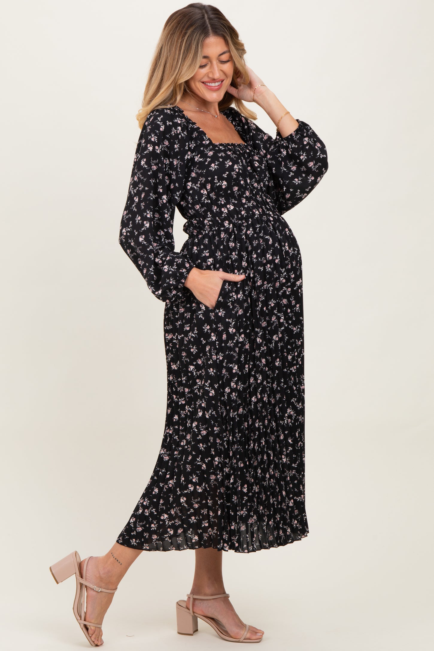Black Floral Long Sleeve Maternity Midi Dress