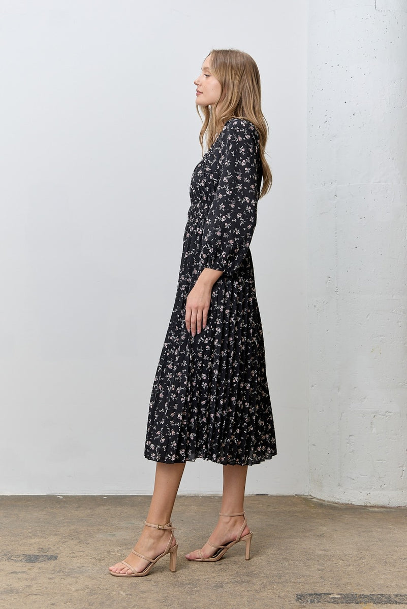 Black Floral Long Sleeve Midi Dress Black Floral Long Sleeve Midi Dress