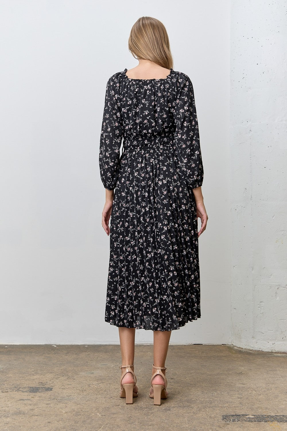 Black Floral Long Sleeve Midi Dress