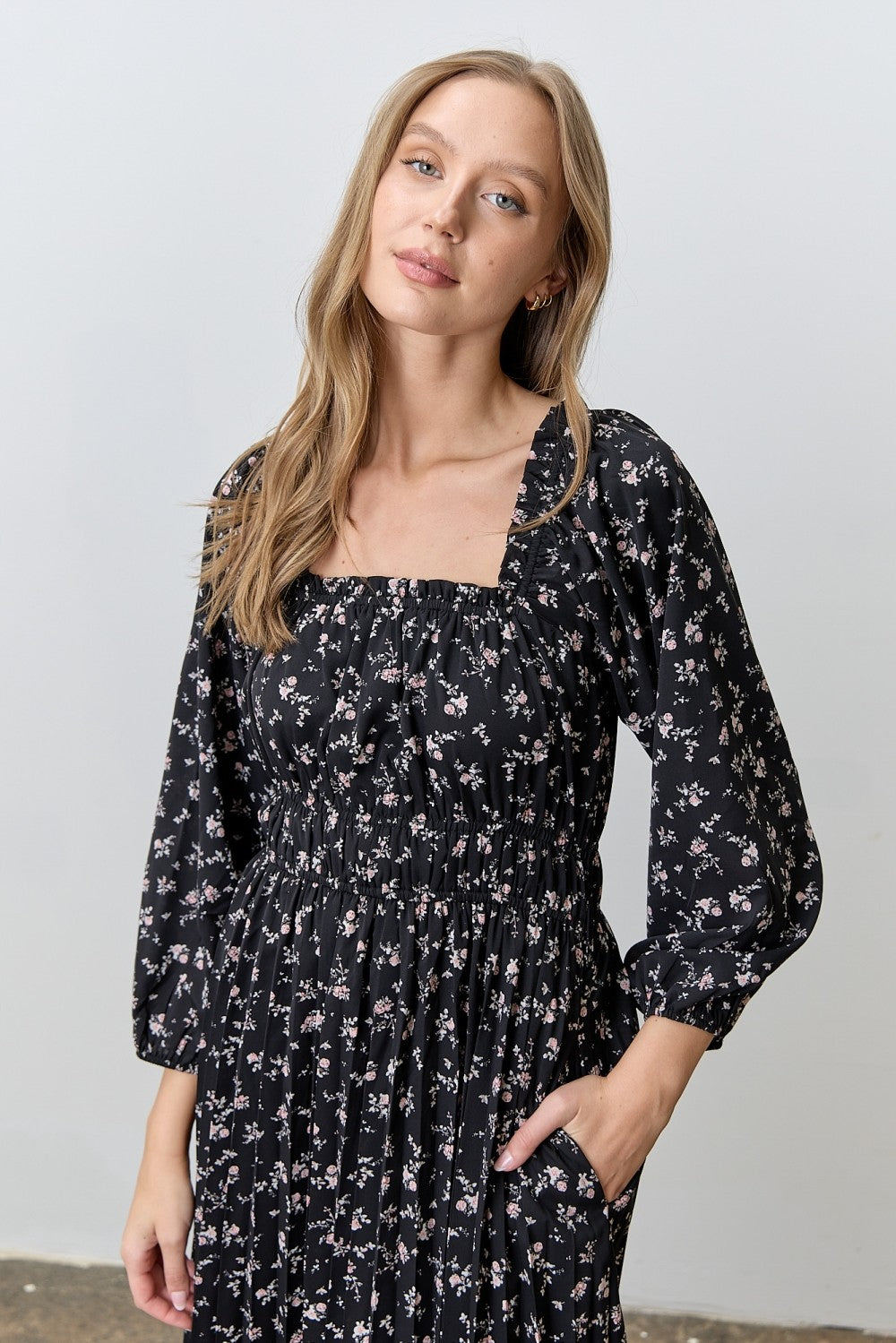 black floral long sleeve midi dress Adrianna Papell Floral Chiffon Midi Dress