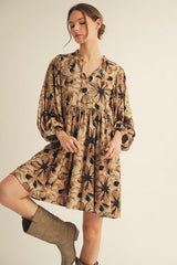 Camel Floral Front Tie Bubble Sleeve Mini Dress