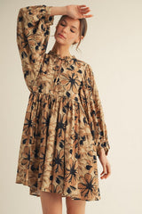 Camel Floral Front Tie Bubble Sleeve Mini Dress