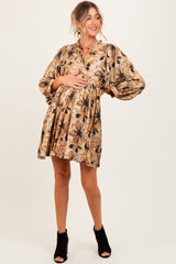 Camel Floral Front Tie Bubble Sleeve Maternity Mini Dress