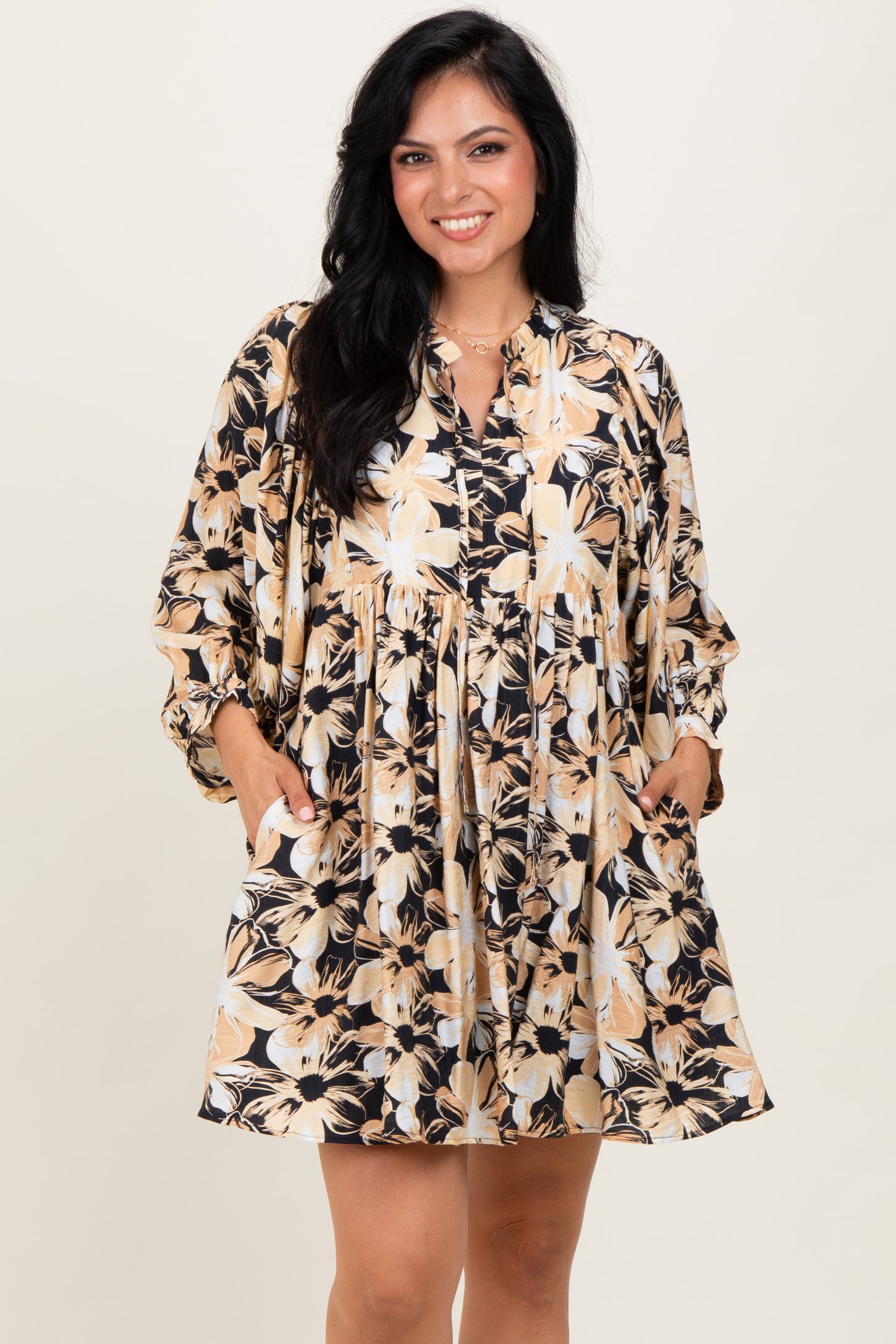 Black Floral Front Tie Bubble Sleeve Mini Dress