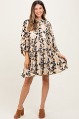 Black Floral Front Tie Bubble Sleeve Maternity Mini Dress