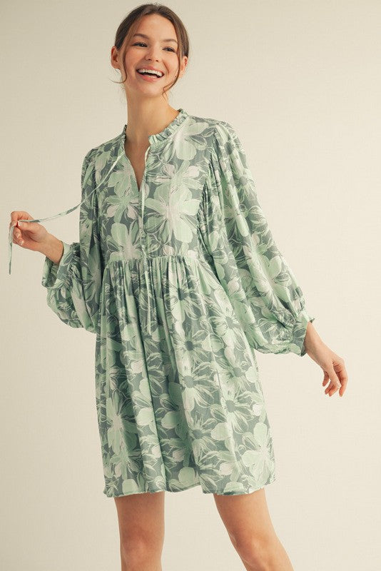 Light Olive Floral Front Tie Bubble Sleeve Mini Dress