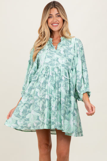 Light Olive Floral Front Tie Bubble Sleeve Maternity Mini Dress