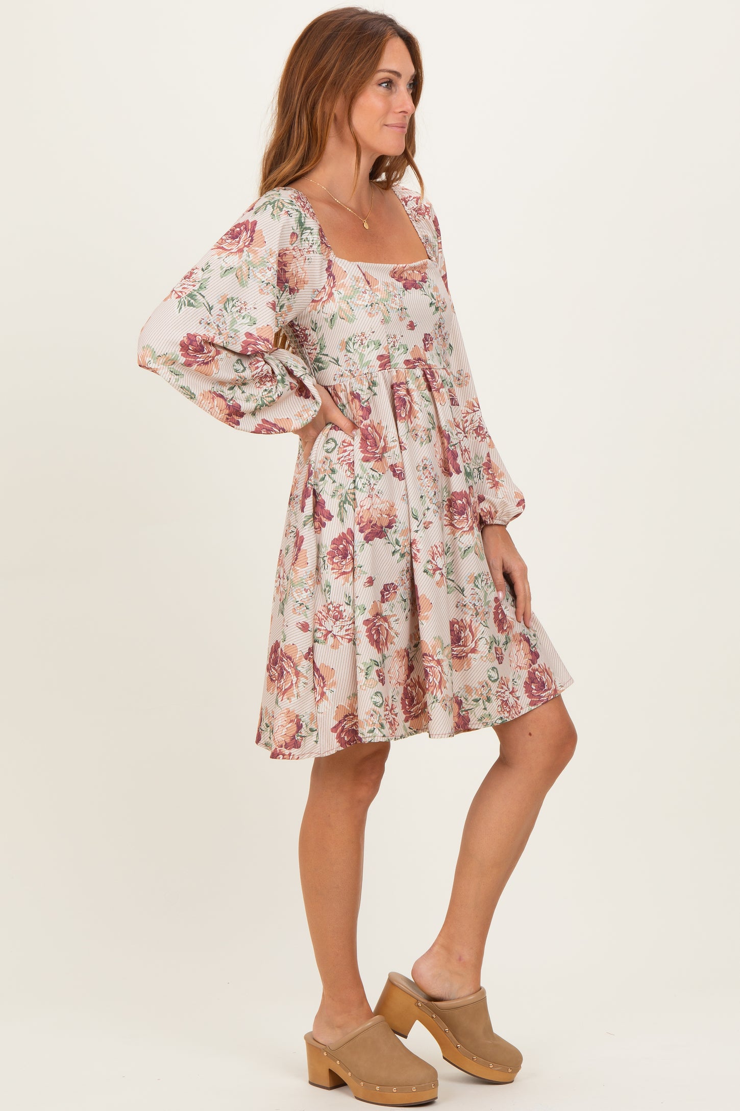Cream Rose Floral Long Sleeve Dress