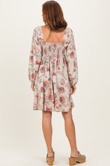 Cream Rose Floral Long Sleeve Dress