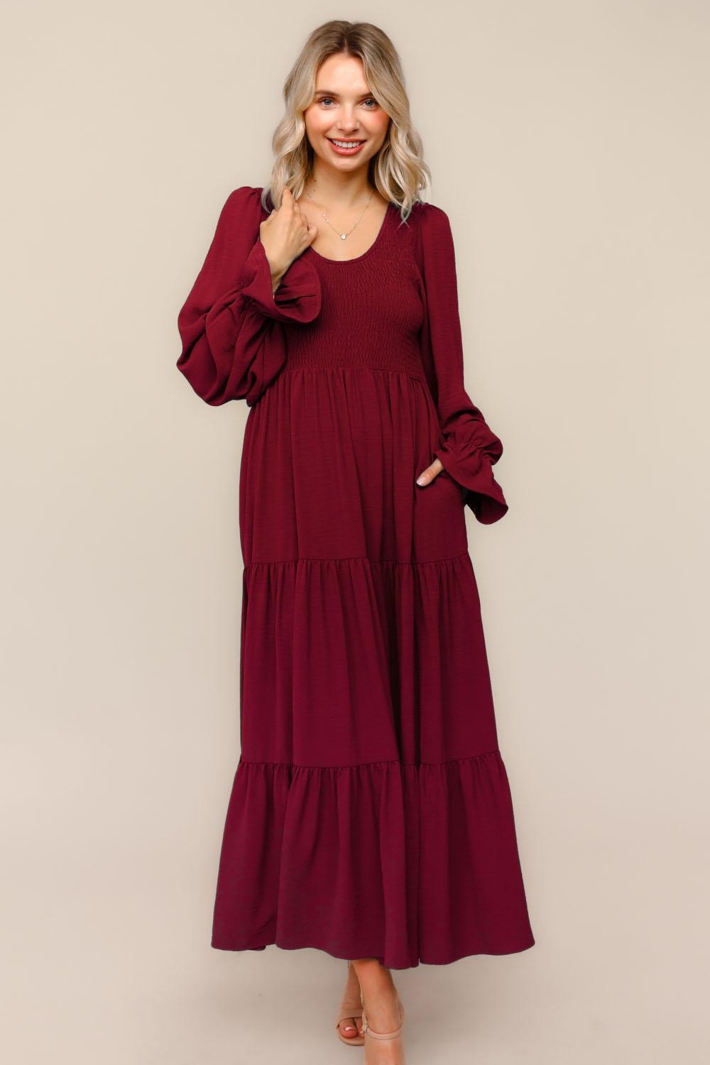 Burgundy Smocked Tiered Long Sleeve Maxi Dress – PinkBlush