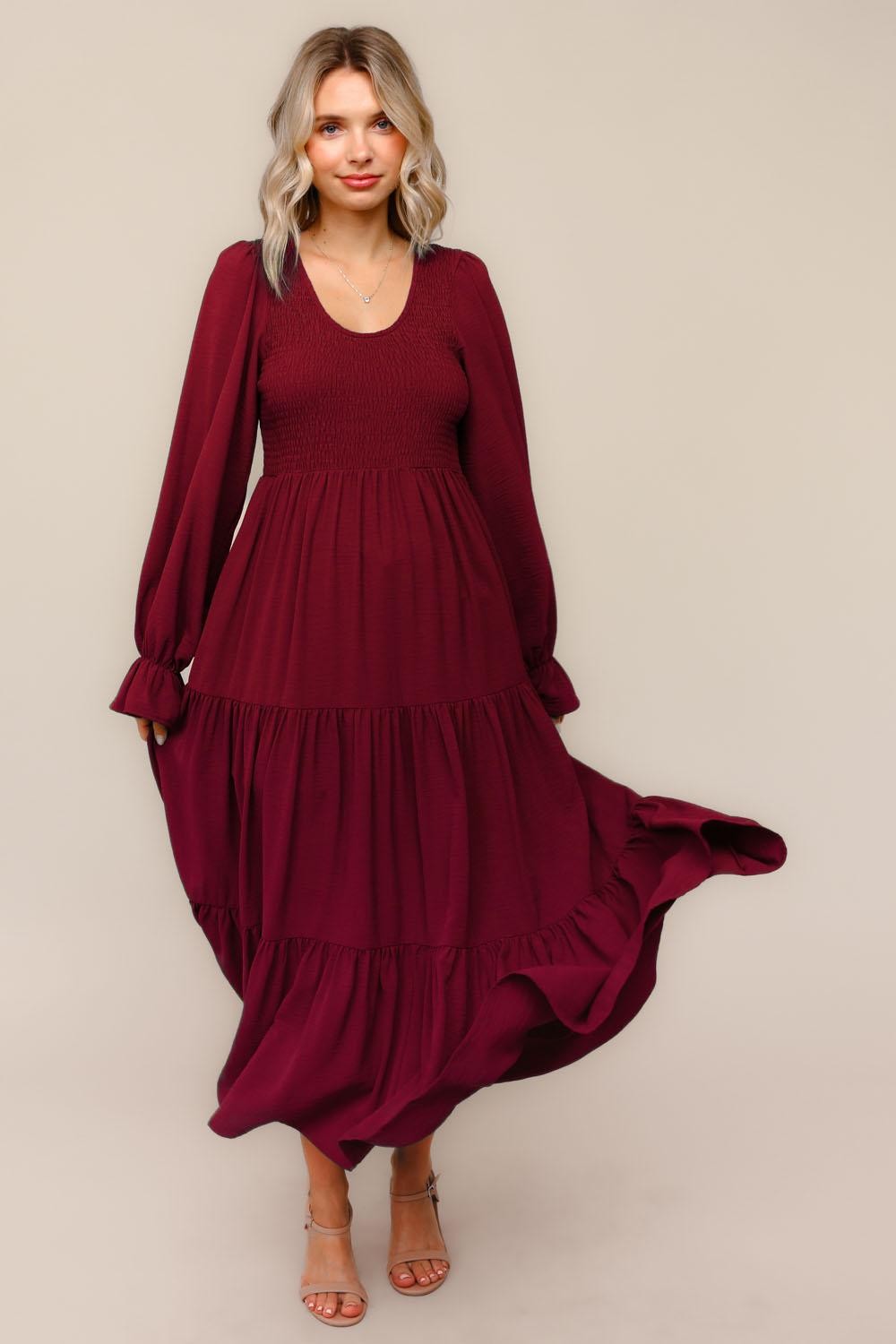 Burgundy Smocked Tiered Long Sleeve Maxi Dress PinkBlush Burgundy Smocked Tiered Long Sleeve Maxi Dress PinkBlush
