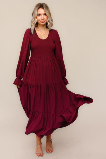 Burgundy Smocked Tiered Long Sleeve Maxi Dress