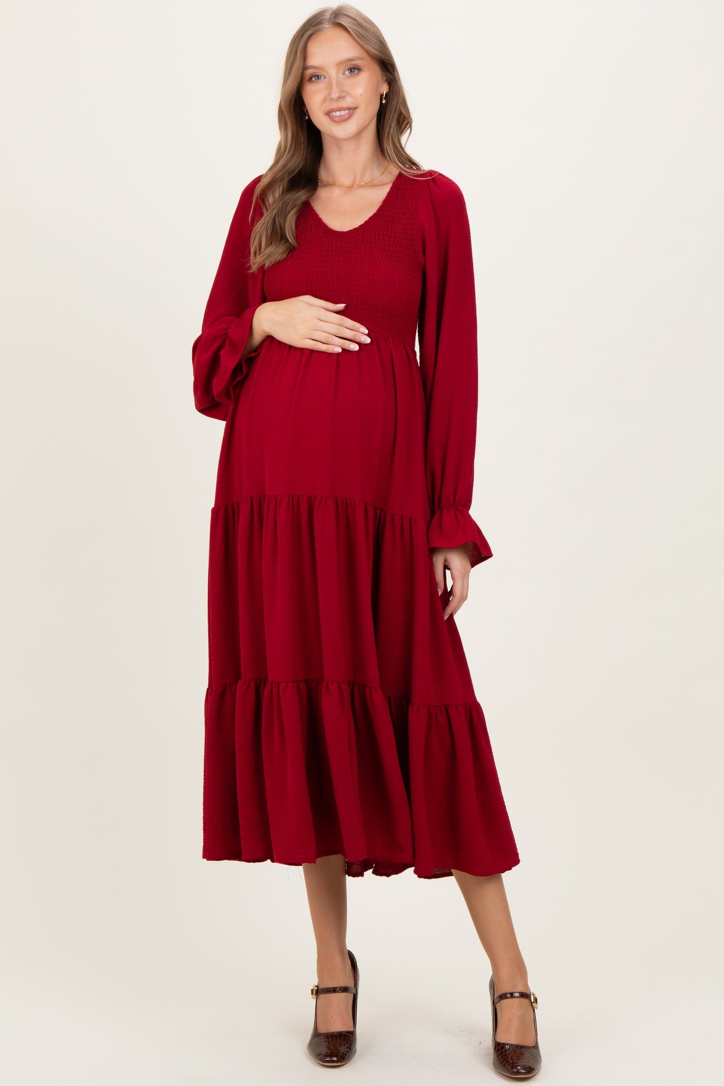 Burgundy Smocked Tiered Long Sleeve Maternity Maxi Dress