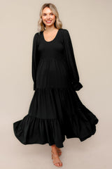 Black Smocked Tiered Long Sleeve Maxi Dress