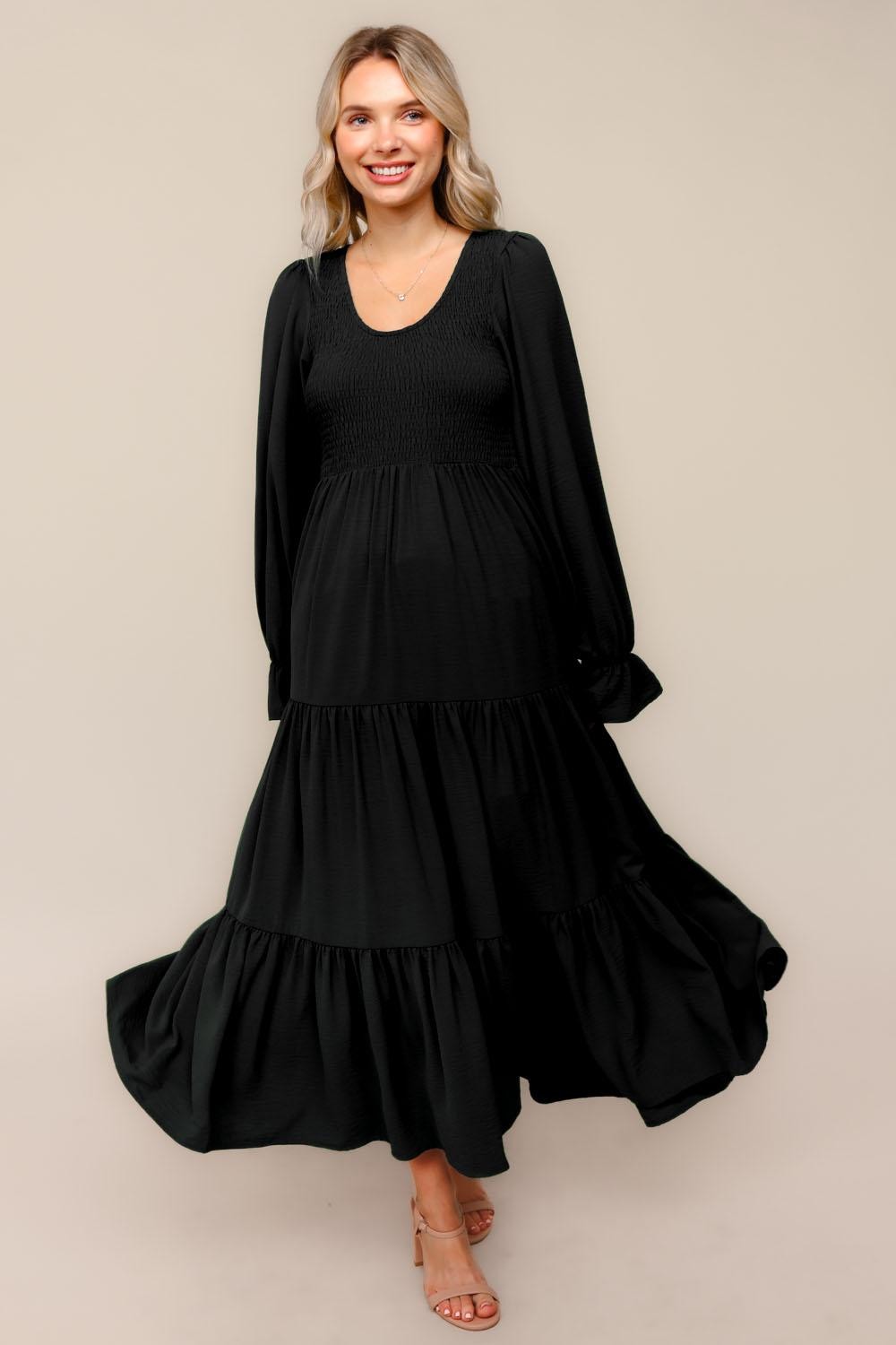 Black Smocked Tiered Long Sleeve Maternity Maxi Dress