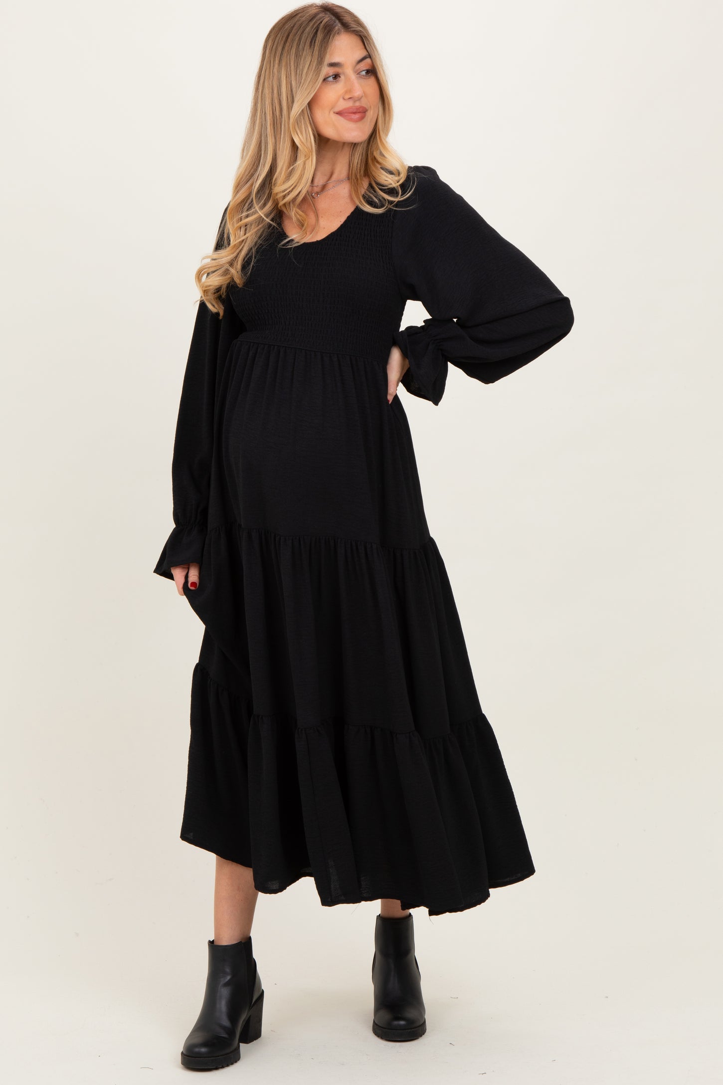 Black Smocked Tiered Long Sleeve Maternity Maxi Dress