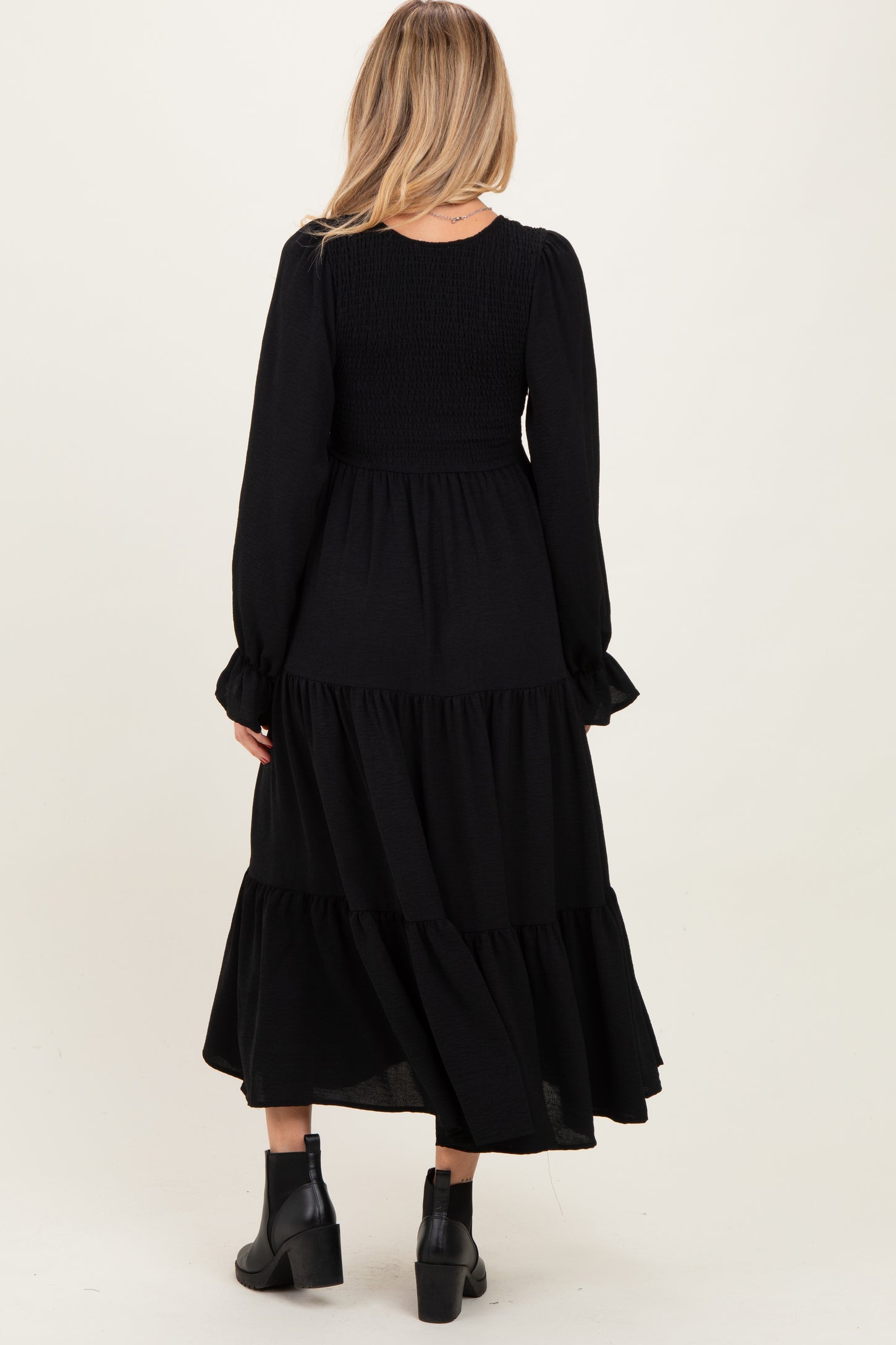 Black Smocked Tiered Long Sleeve Maternity Maxi Dress