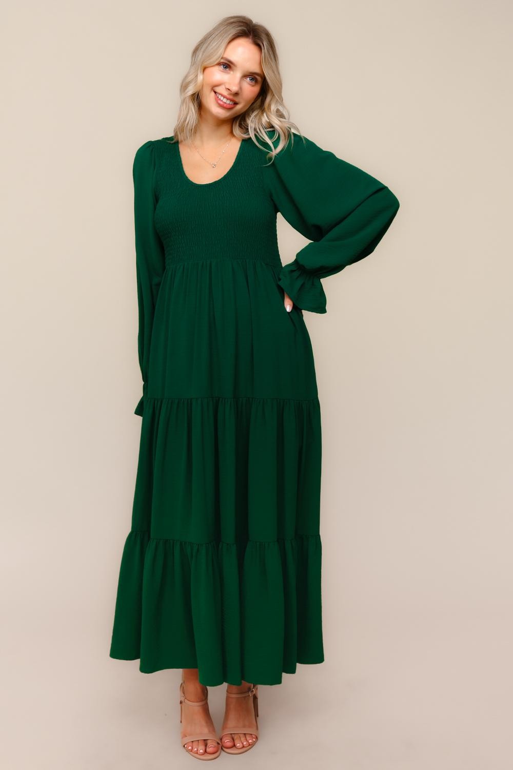 Forest Green Smocked Tiered Long Sleeve Maxi Dress PinkBlush Forest Green Smocked Tiered Long Sleeve Maxi Dress PinkBlush