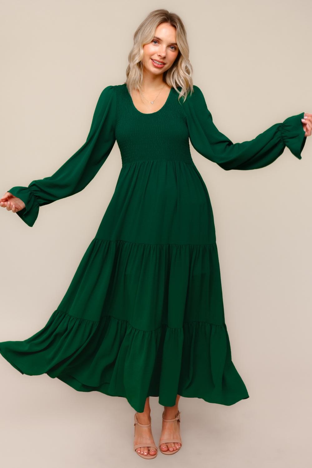 Forest Green Smocked Tiered Long Sleeve Maxi Dress