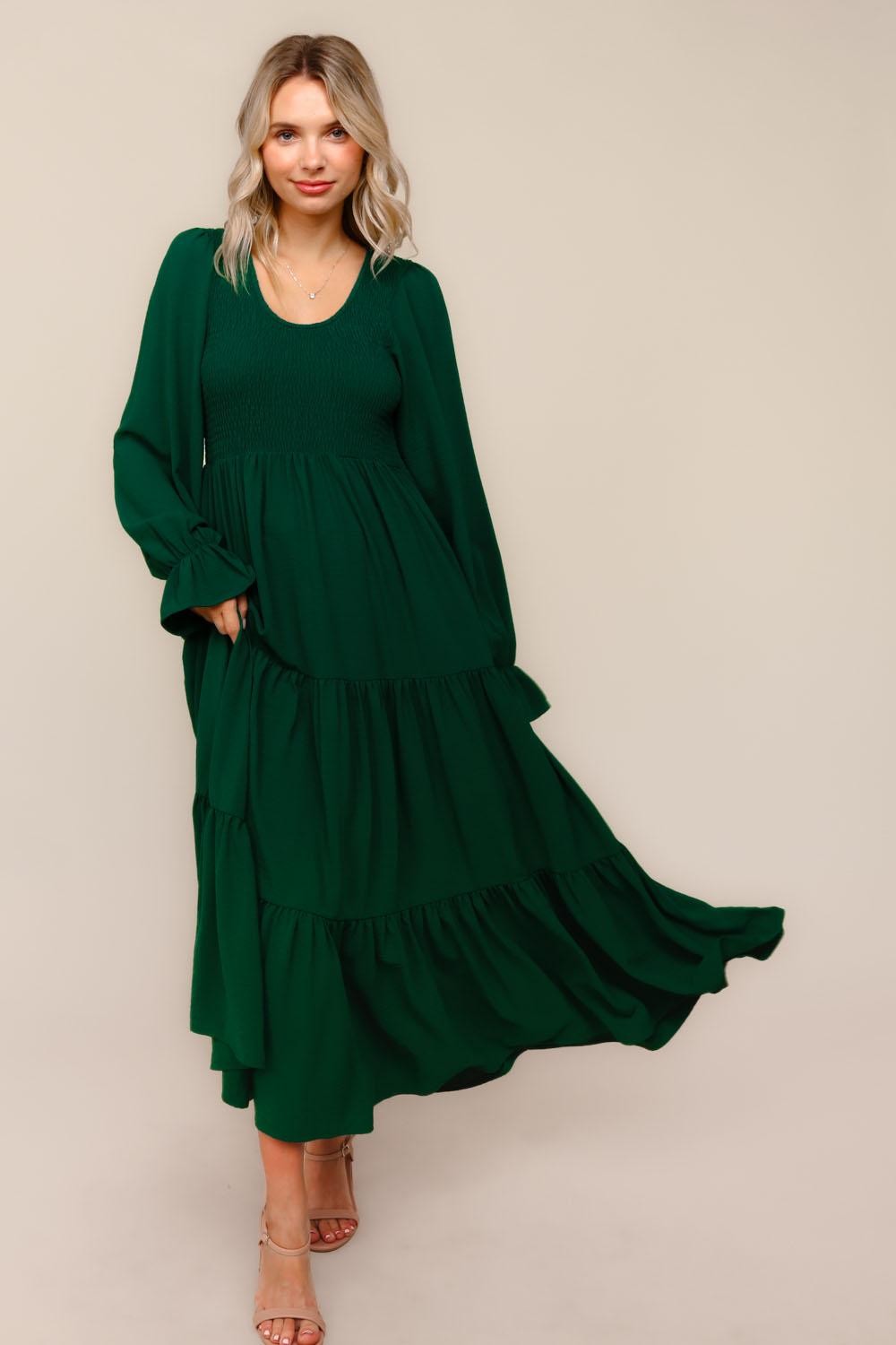 Forest Green Smocked Tiered Long Sleeve Maxi Dress